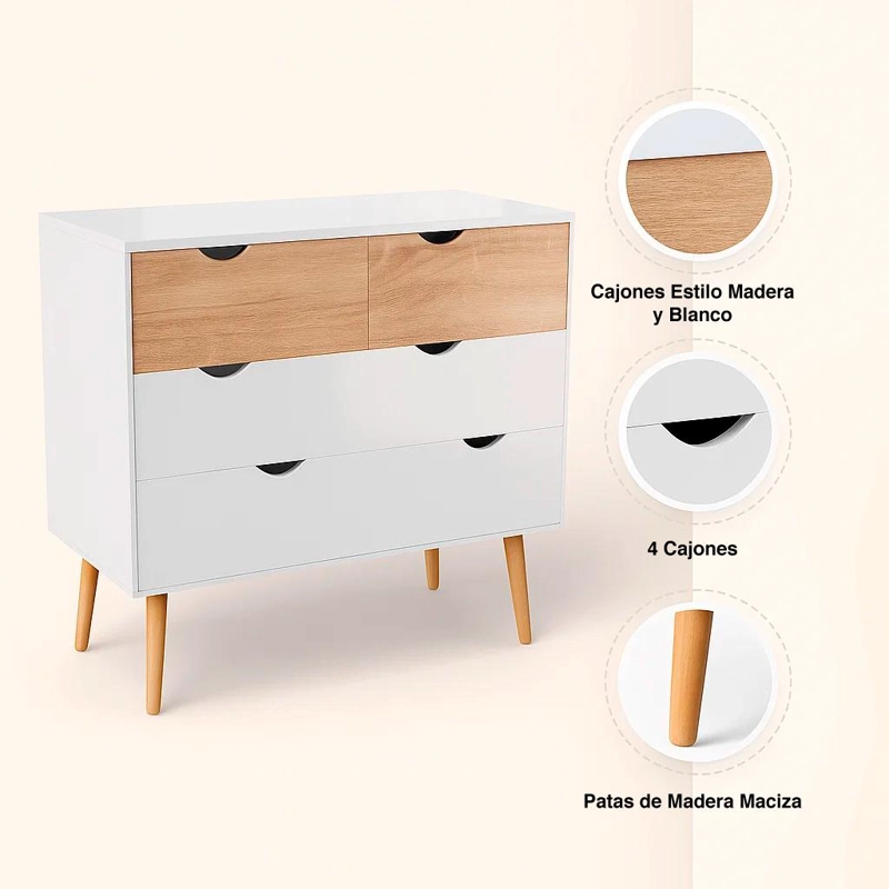 CÓMODA 4 CAJONES EN COLOR BLANCO MADERA MDF - 9