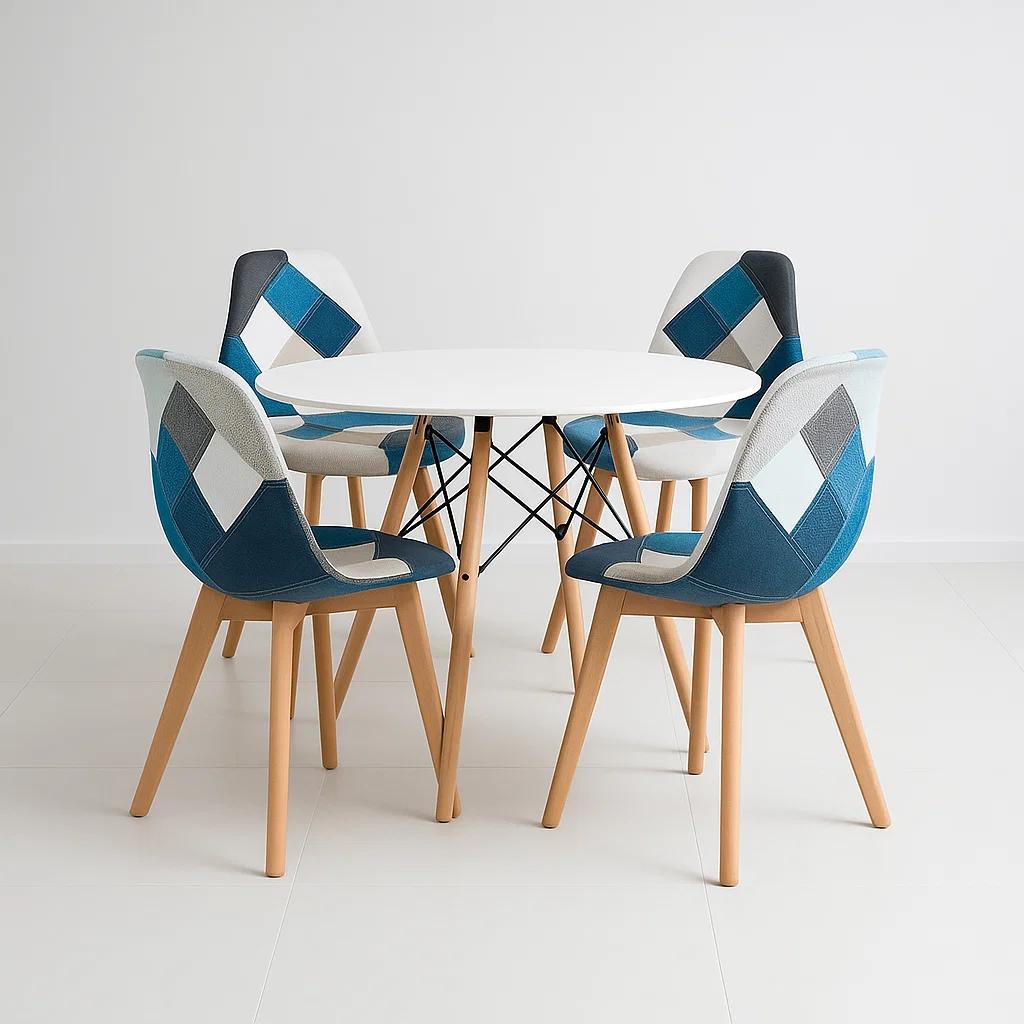 COMEDOR MESA REDONDA BLANCA 100CM + 4 SILLAS EAMES PATCHWORK TELA WOOD CELESTE - 1