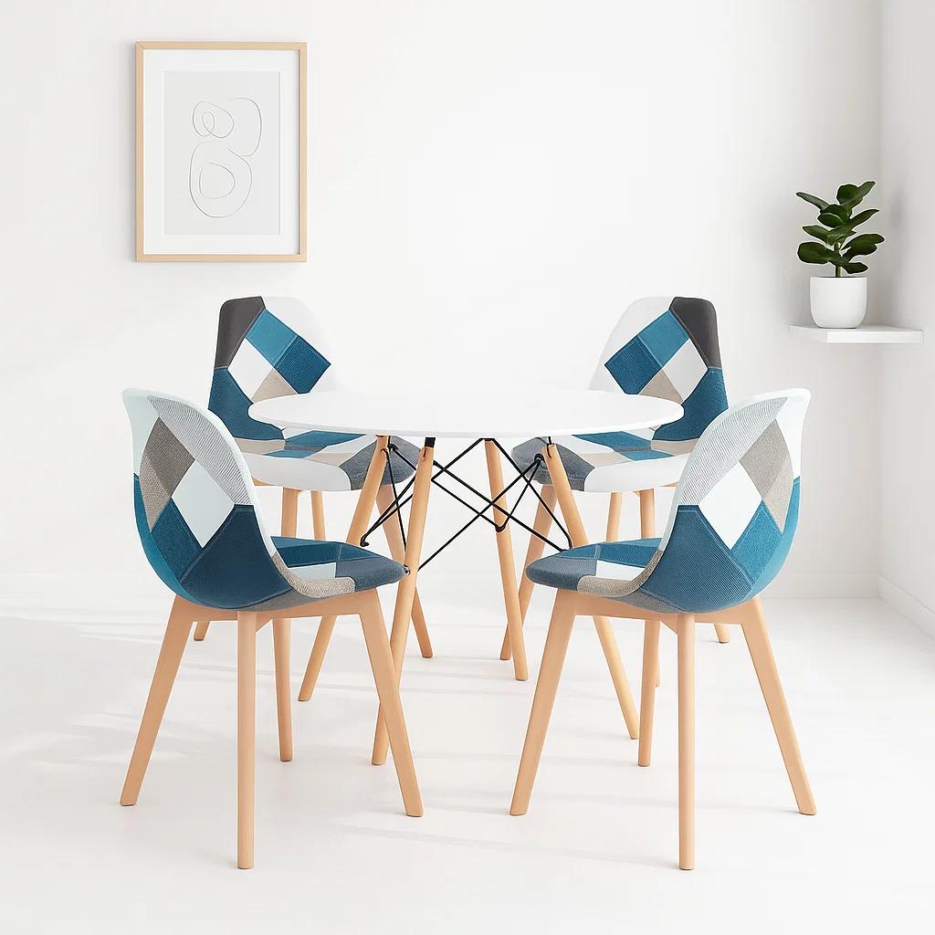 COMEDOR MESA REDONDA BLANCA 100CM + 4 SILLAS EAMES PATCHWORK TELA WOOD CELESTE - 2