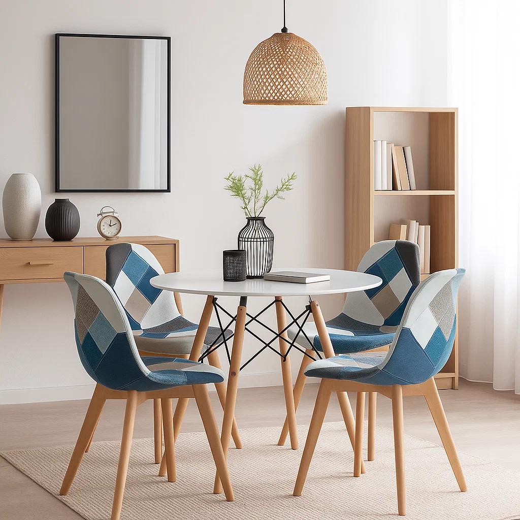 COMEDOR MESA REDONDA BLANCA 100CM + 4 SILLAS EAMES PATCHWORK TELA WOOD CELESTE - 3