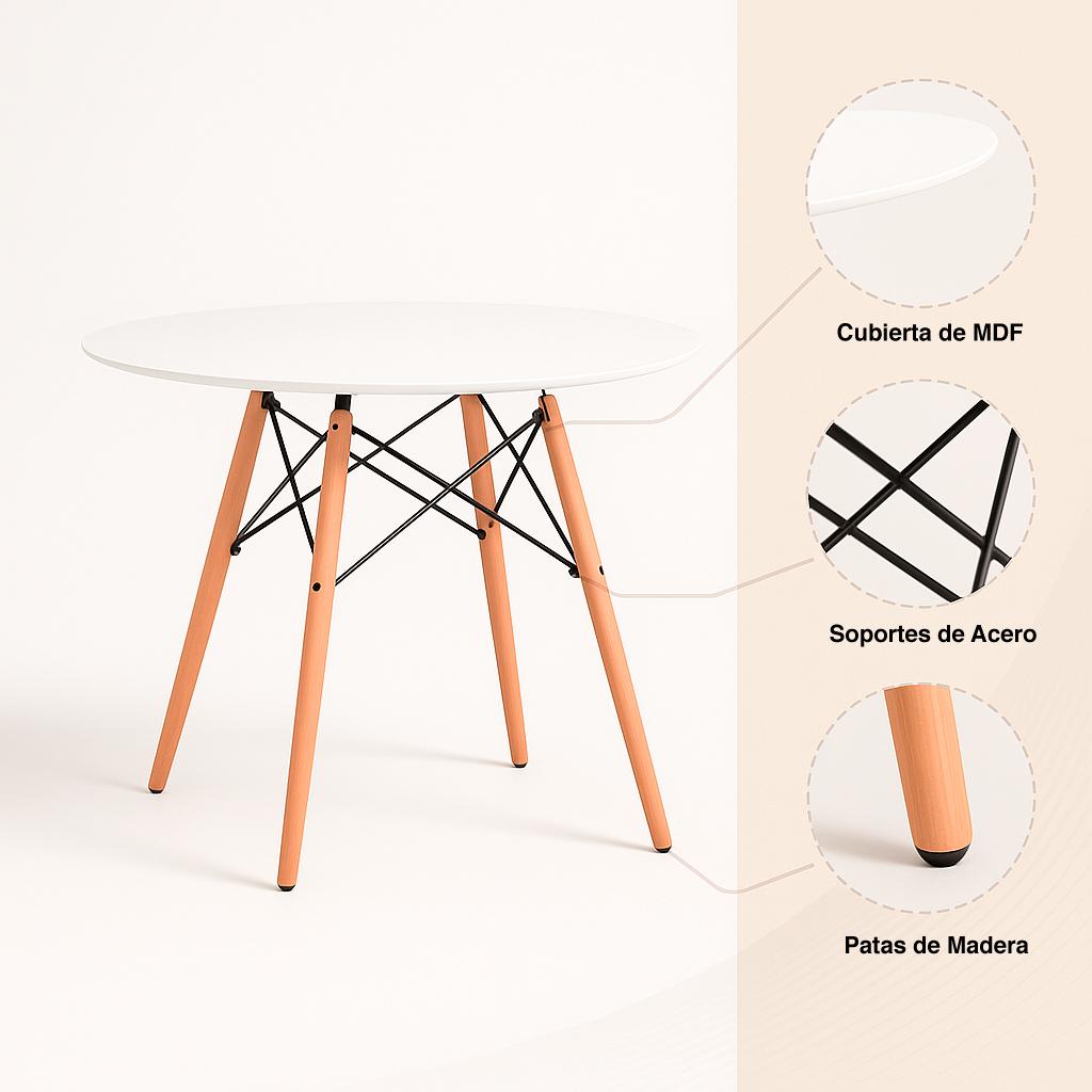 COMEDOR MESA REDONDA BLANCA 100CM + 4 SILLAS EAMES PATCHWORK TELA WOOD CELESTE - 6