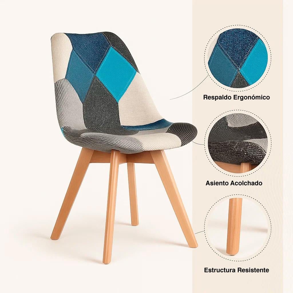 COMEDOR MESA REDONDA BLANCA 100CM + 4 SILLAS EAMES PATCHWORK TELA WOOD CELESTE - 7
