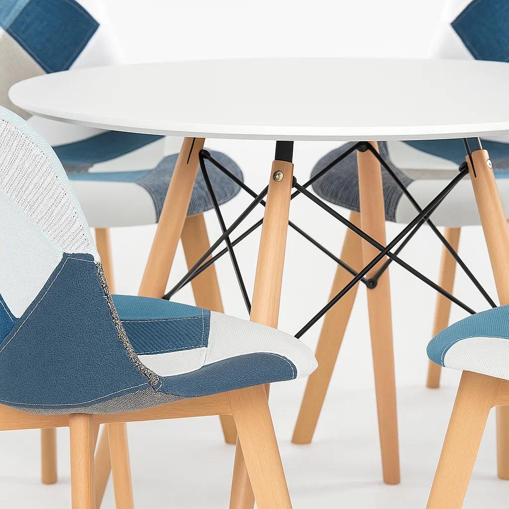 COMEDOR MESA REDONDA BLANCA 100CM + 4 SILLAS EAMES PATCHWORK TELA WOOD CELESTE - 8