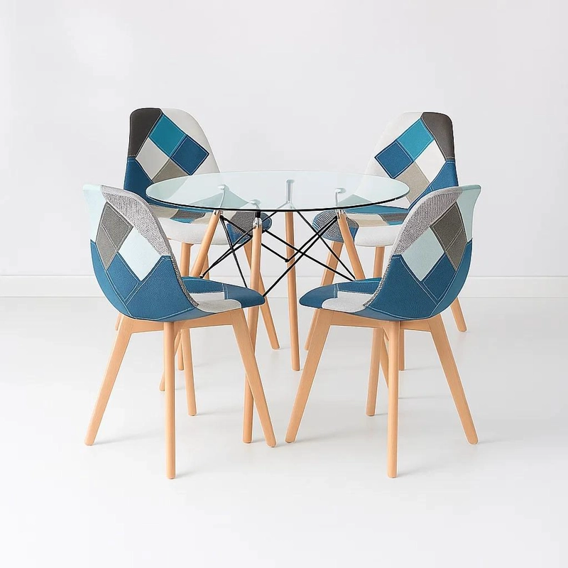 COMEDOR MESA EAMES REDONDA VIDRIO 80CM + 4 SILLAS EAMES PATCHWORK TELA WOOD CELESTE - 1