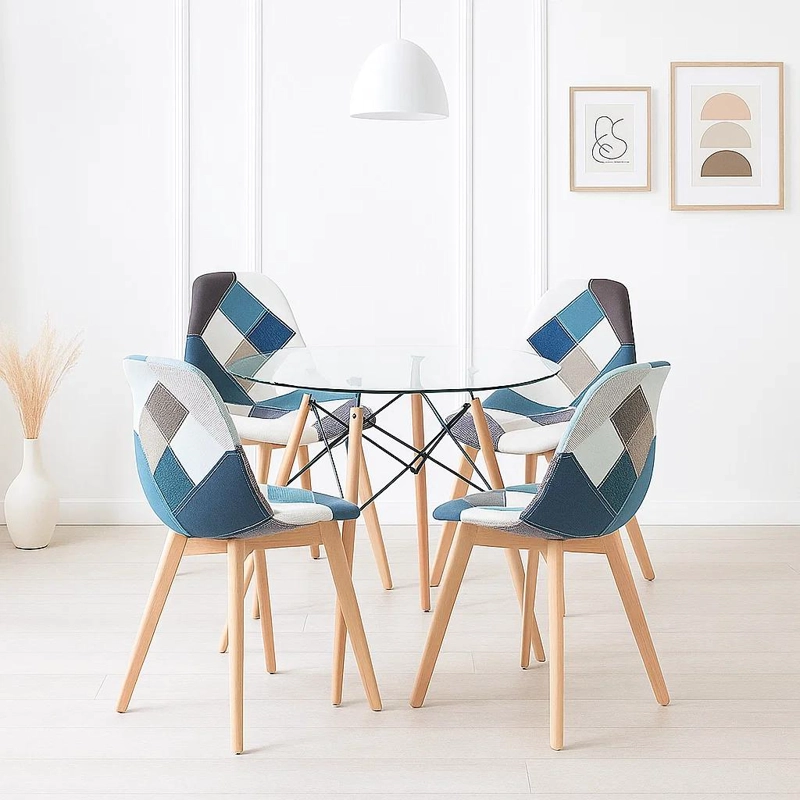 COMEDOR MESA EAMES REDONDA VIDRIO 80CM + 4 SILLAS EAMES PATCHWORK TELA WOOD CELESTE - 2