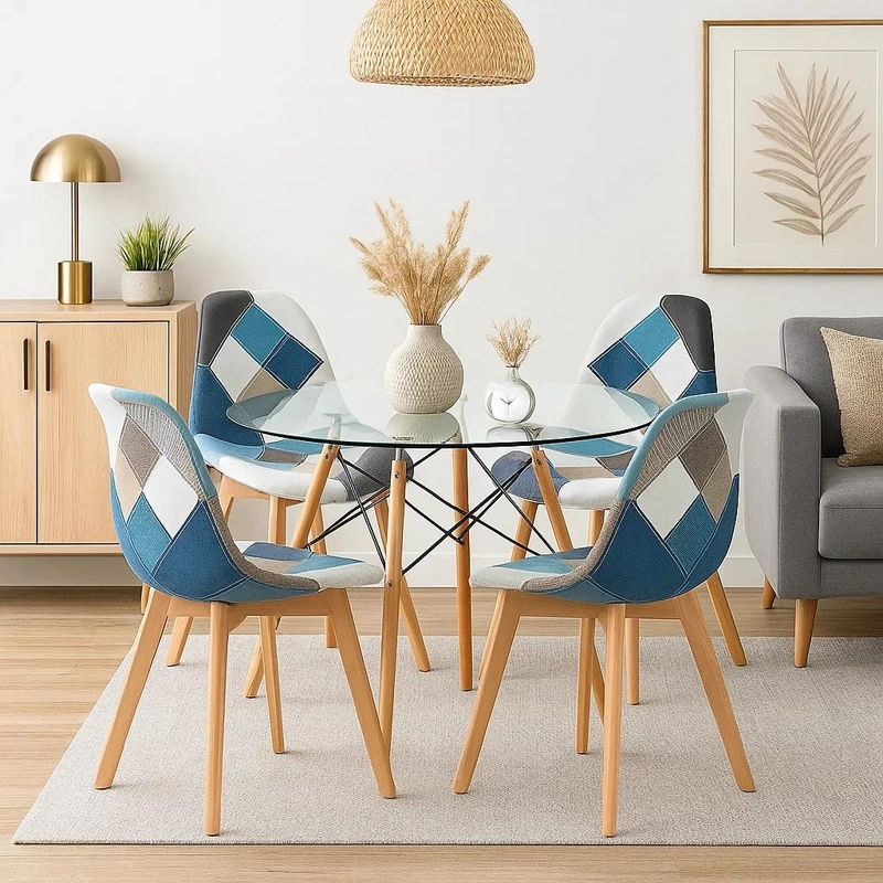 COMEDOR MESA EAMES REDONDA VIDRIO 80CM + 4 SILLAS EAMES PATCHWORK TELA WOOD CELESTE - 3