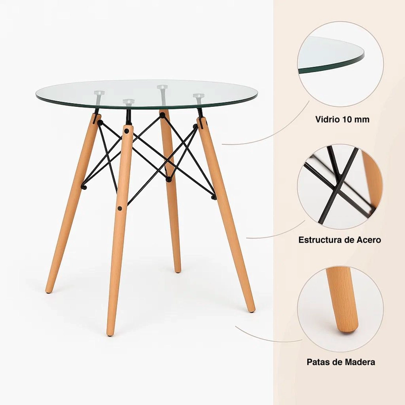 COMEDOR MESA EAMES REDONDA VIDRIO 80CM + 4 SILLAS EAMES PATCHWORK TELA WOOD CELESTE - 6