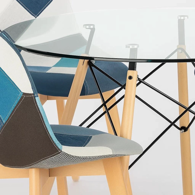 COMEDOR MESA EAMES REDONDA VIDRIO 80CM + 4 SILLAS EAMES PATCHWORK TELA WOOD CELESTE - 8
