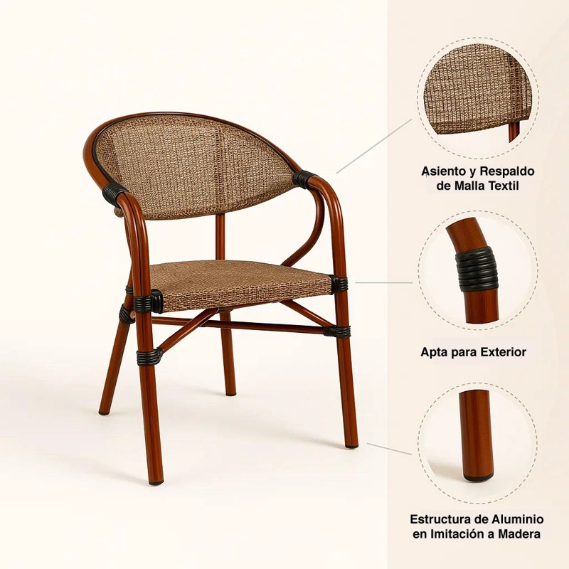 PACK DE 4 SILLAS BISTRO PARISINA TEXTILENO CON REPOSABRAZOS - BEIGE - 5
