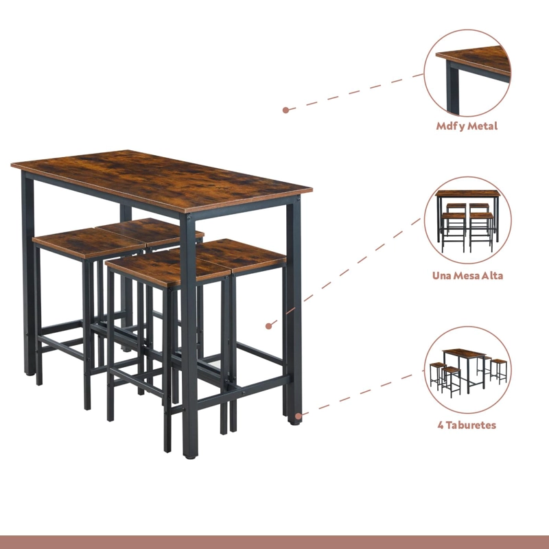 SET DE COMEDOR PARA COCINA CON PISOS TABURETES MADERA INDUSTRIAL - 3
