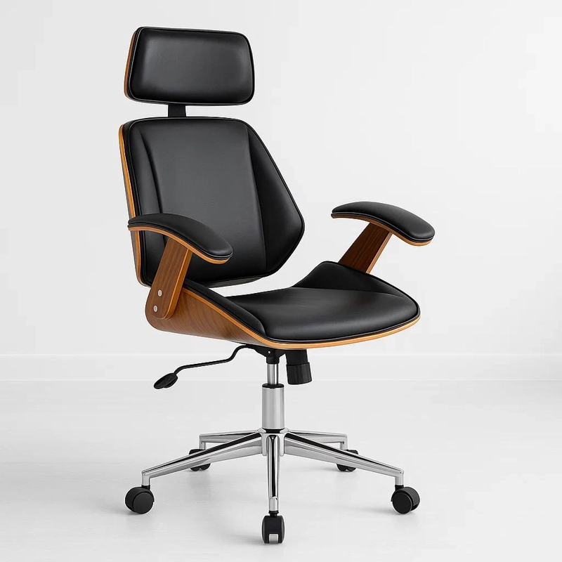 SILLA OFICINA CUERO EN COLOR NEGRO CON APOYABRAZOS MADERA Y RESPALDO CABEZA - 1
