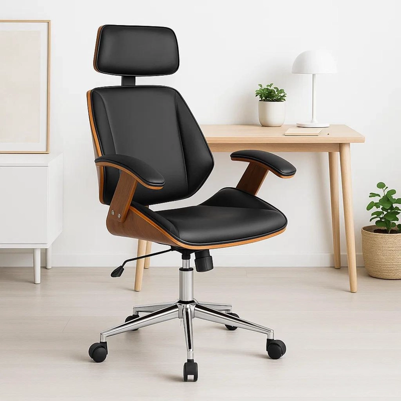 SILLA OFICINA CUERO EN COLOR NEGRO CON APOYABRAZOS MADERA Y RESPALDO CABEZA - 2