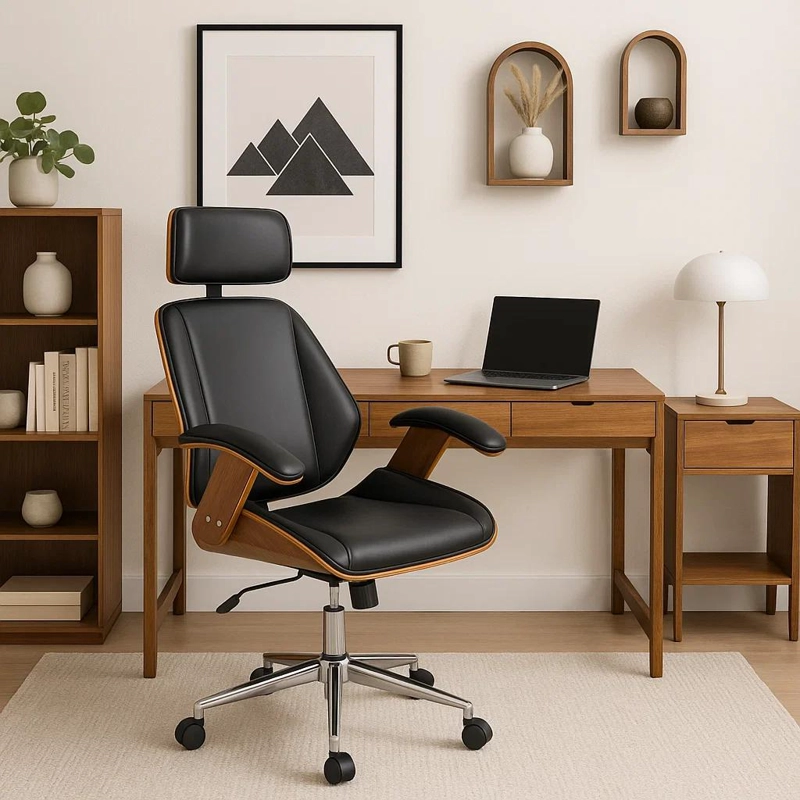 SILLA OFICINA CUERO EN COLOR NEGRO CON APOYABRAZOS MADERA Y RESPALDO CABEZA - 3