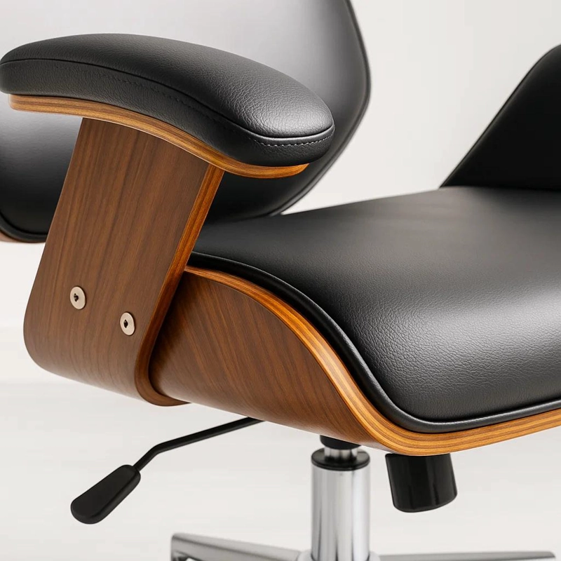 SILLA OFICINA CUERO EN COLOR NEGRO CON APOYABRAZOS MADERA Y RESPALDO CABEZA - 6
