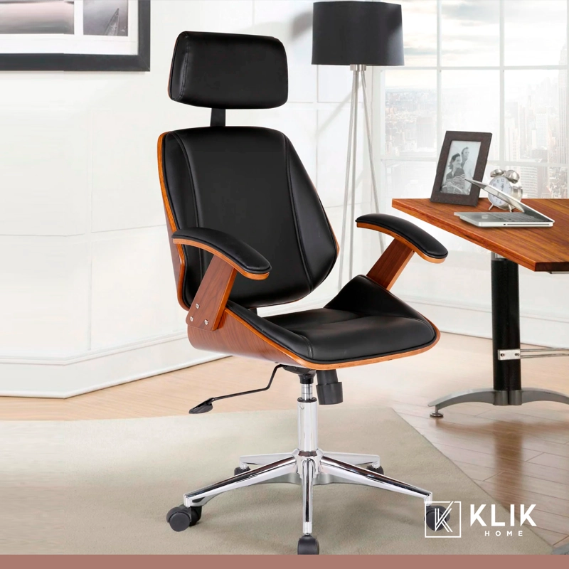 SILLA OFICINA CUERO EN COLOR NEGRO CON APOYABRAZOS MADERA Y RESPALDO CABEZA - 8