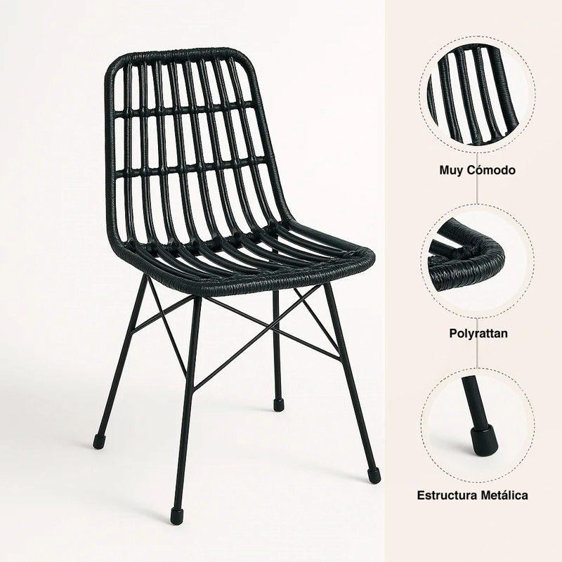 PACK DE 4 SILLAS DE COMEDOR TERRAZA RATTAN GRECIA EN COLOR NEGRO - 5