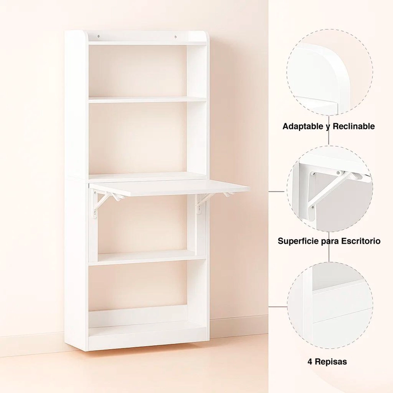 ESTANTERIA CON ESCRITORIO PLEGABLE COMPACTO 64X20X145 - BLANCO - 5