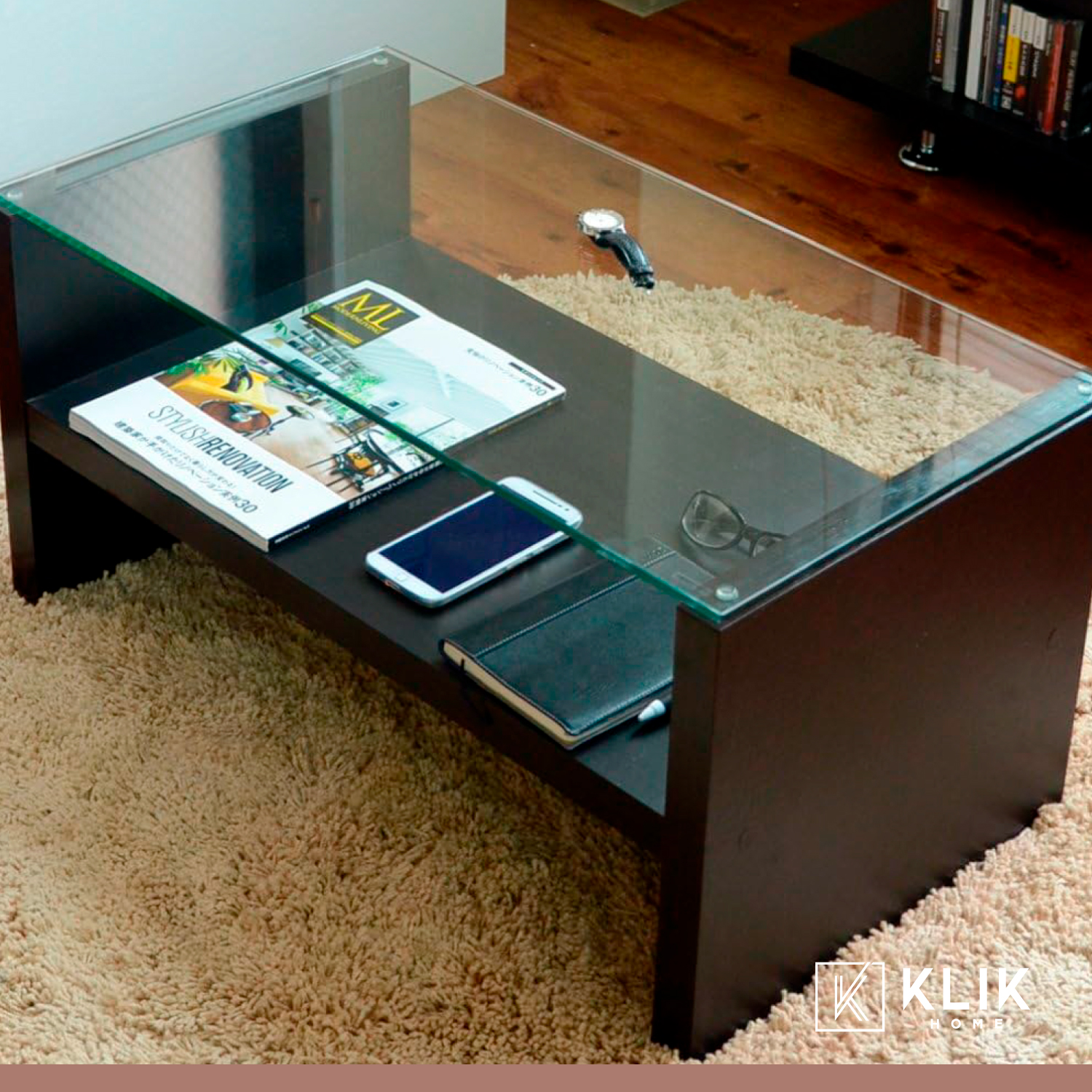 MESA DE CENTRO MODERNA MADERA WALNUT WOOD VIDRIO - 2