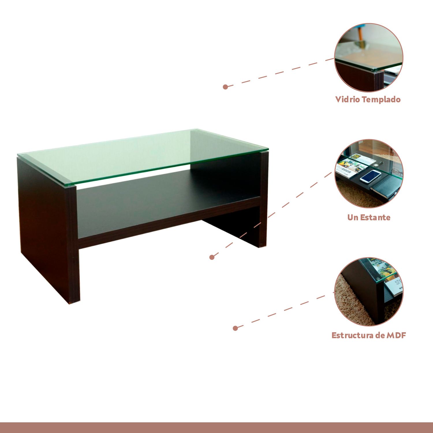 MESA DE CENTRO MODERNA MADERA WALNUT WOOD VIDRIO - 3