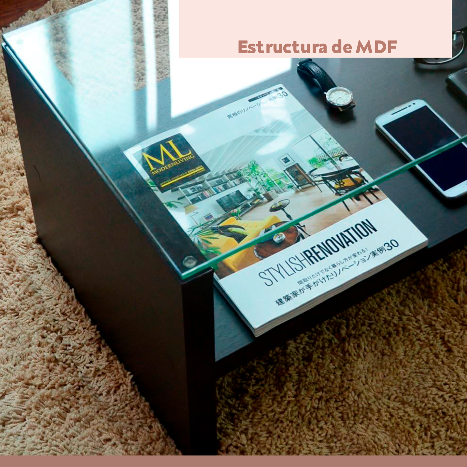 MESA DE CENTRO MODERNA MADERA WALNUT WOOD VIDRIO - 7