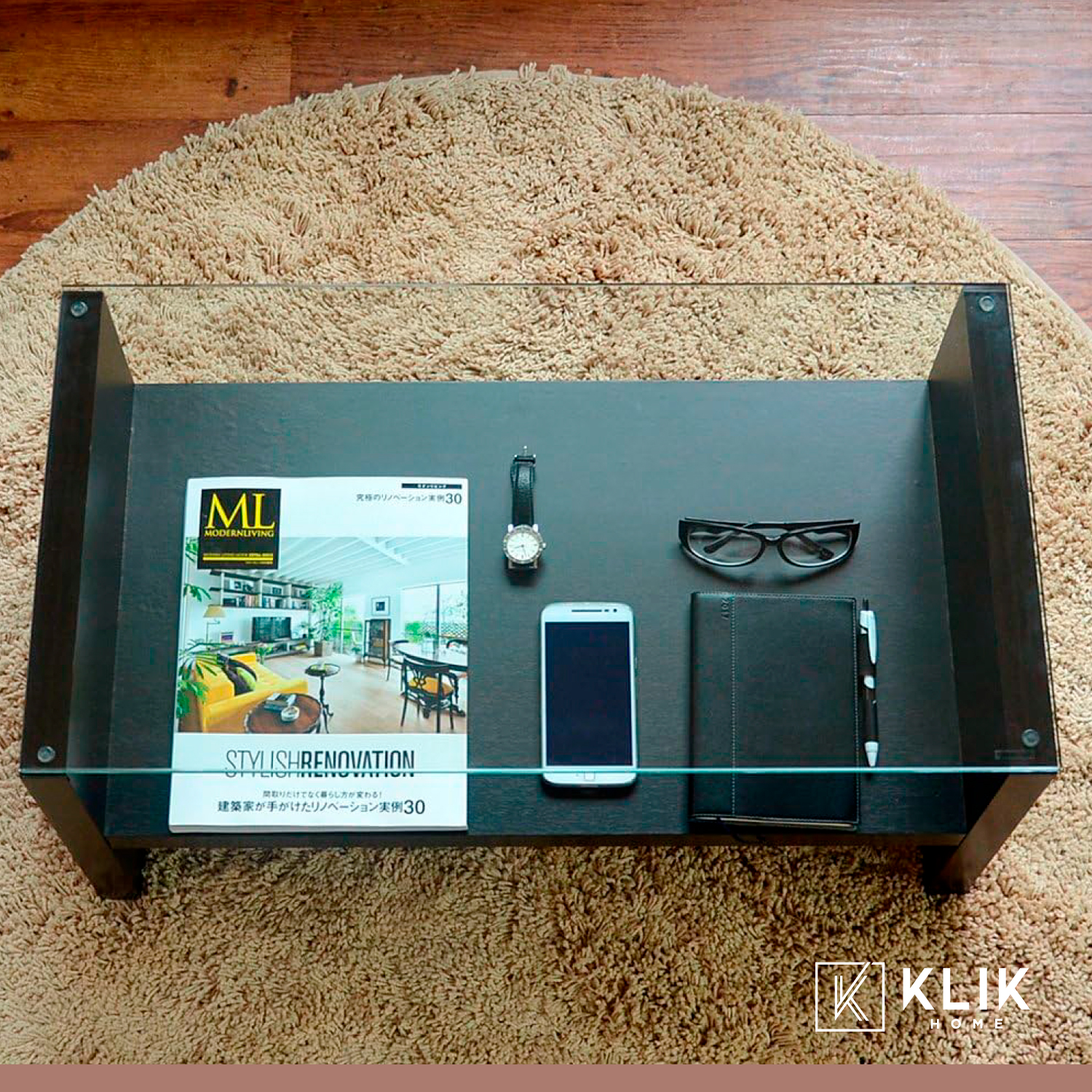 MESA DE CENTRO MODERNA MADERA WALNUT WOOD VIDRIO - 8