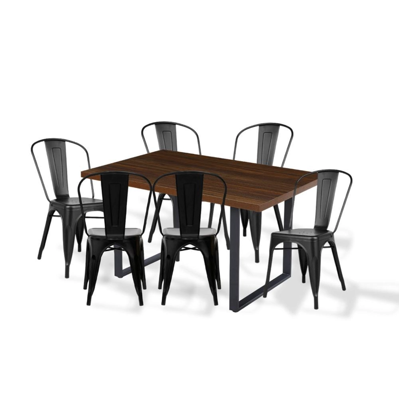 COMEDOR INDUSTRIAL 140X90 MADERA OSCURA WALNUT + 6 SILLAS TOLIX NEGRAS - 1
