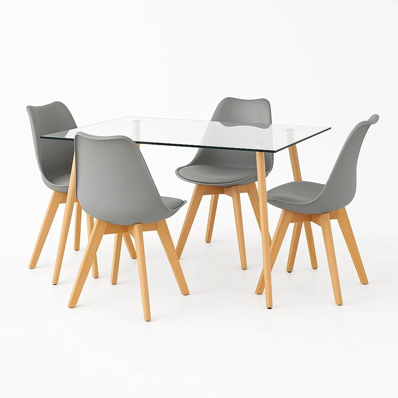 COMEDOR MESA DE VIDRIO NORDICA 140X90 CM + 4 SILLAS TULIP GRISES - 1