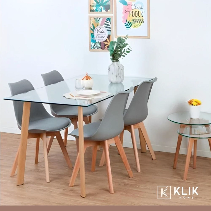 COMEDOR MESA DE VIDRIO NORDICA 140X90 CM + 4 SILLAS TULIP GRISES - 2