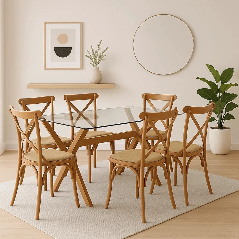 COMEDOR MESA DE VIDRIO CROSS 140X90 + 6 SILLAS CROSSBACK MADERA - 2