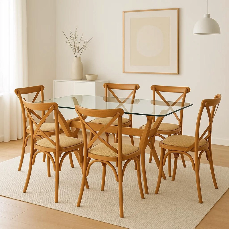 COMEDOR MESA DE VIDRIO CROSS 140X90 + 6 SILLAS CROSSBACK MADERA - 8