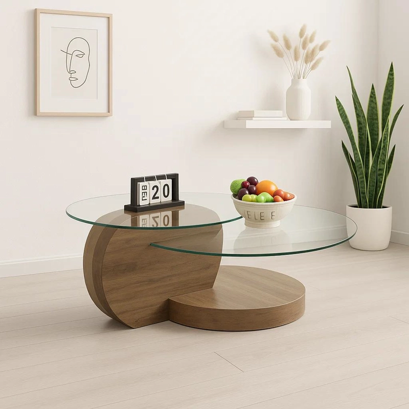 MESA DE CENTRO DUOGLASS CON BASES DE MADERA Y SUPERFICIE DE VIDRIO - 2