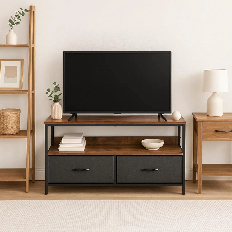 RACK DE TV RUSTICA CON CAJONES DE TELA ORGANIZADOR - 5