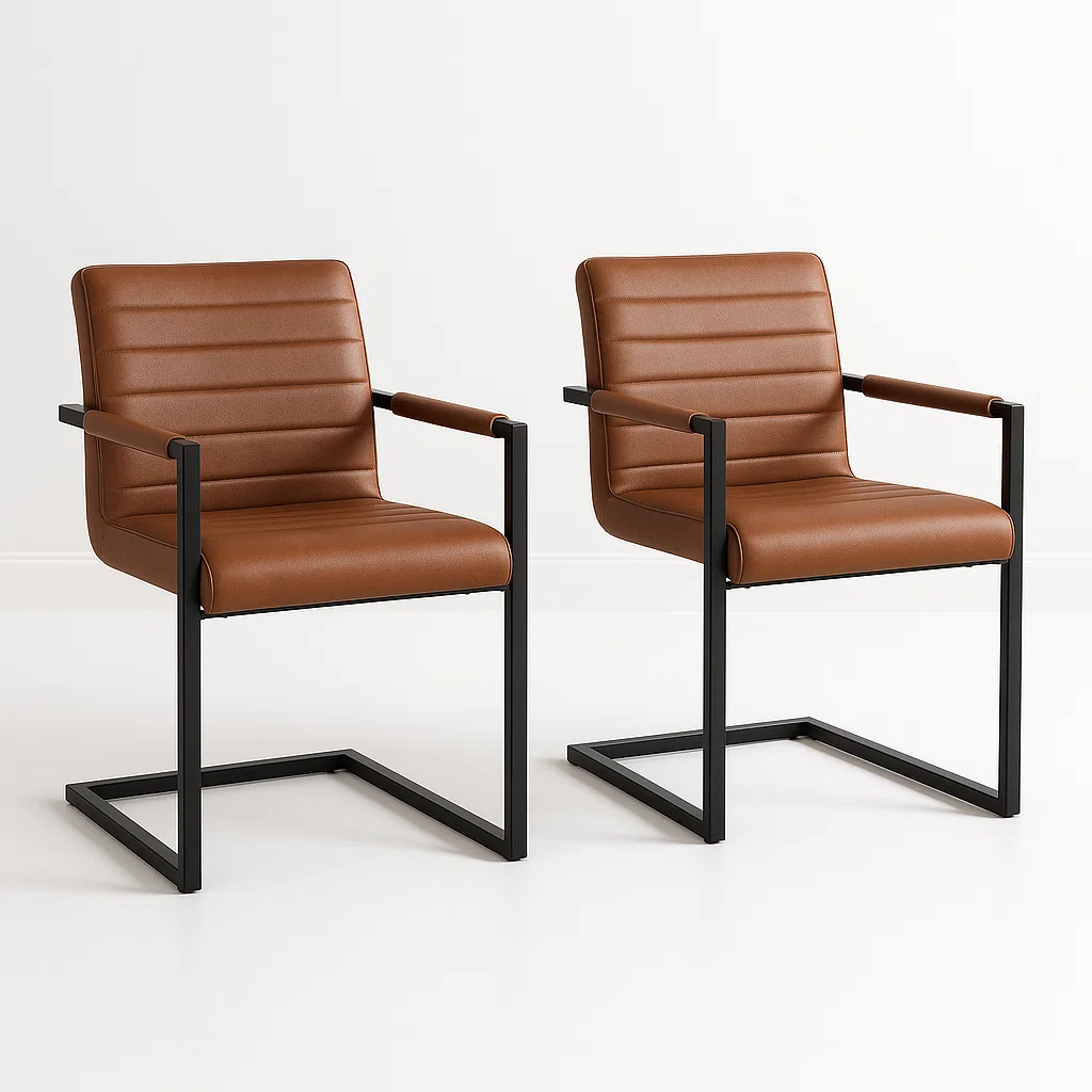 PACK DE 2 SILLAS INDUSTRIALES DE CUERO SINTE TICO MARRON CON BASE METALICA – CAFE - 1
