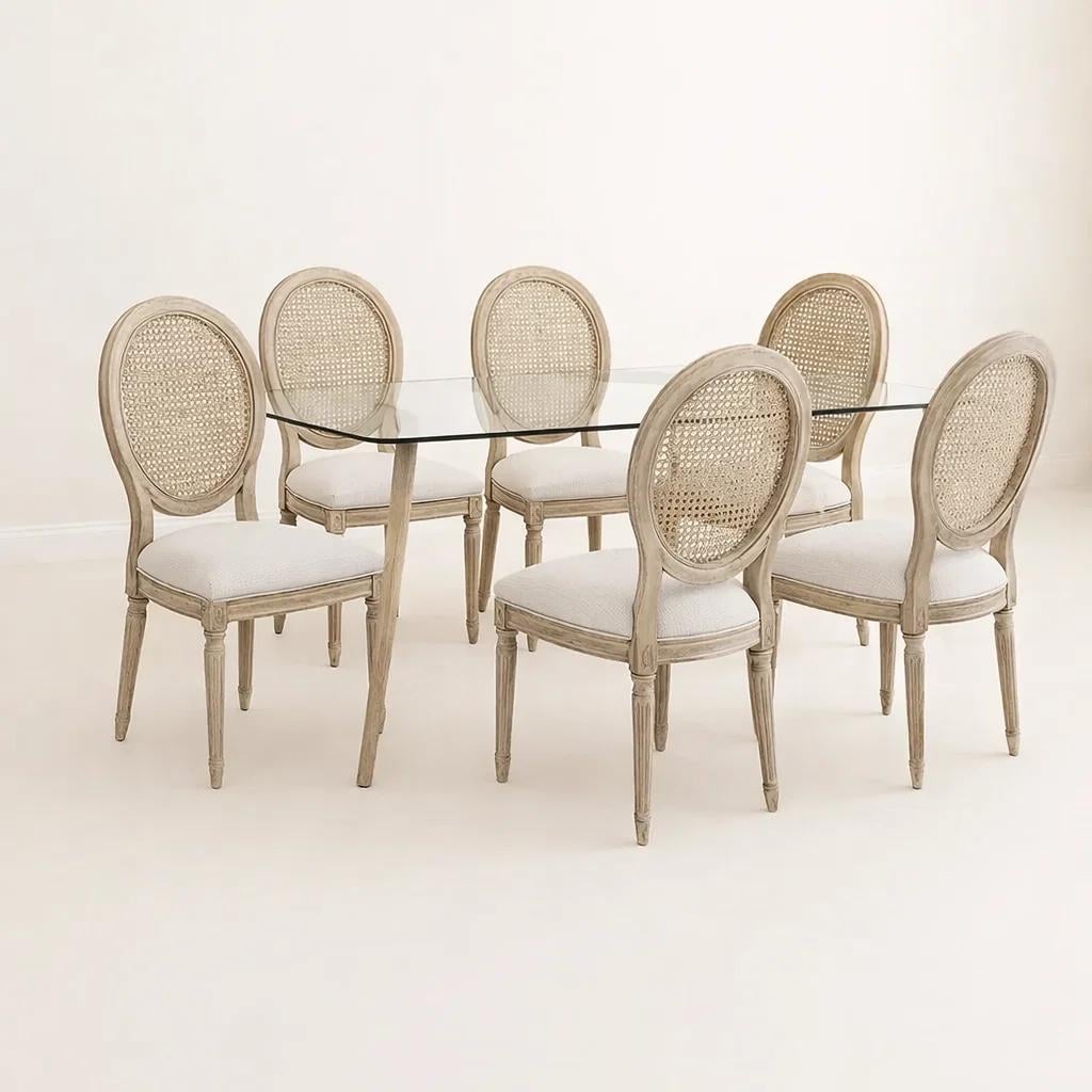 COMEDOR MESA DE VIDRIO RECTANGULAR NORDICA 140X90 CM + 6 SILLA DE MADERA ACOLCHADA LUIS XV - 1