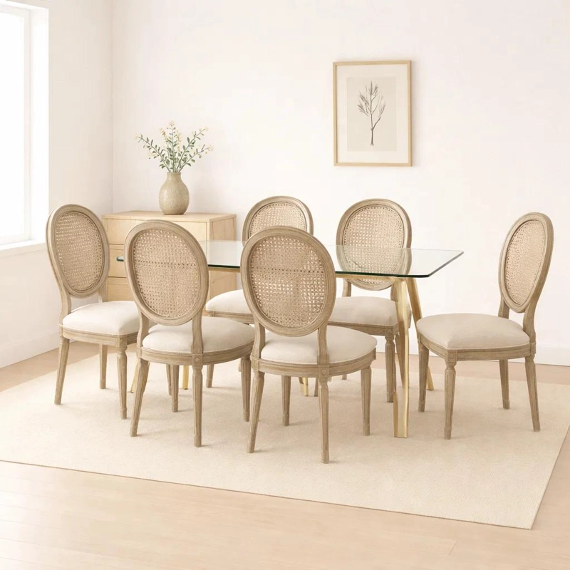 COMEDOR MESA DE VIDRIO RECTANGULAR NORDICA 140X90 CM + 6 SILLA DE MADERA ACOLCHADA LUIS XV - 2