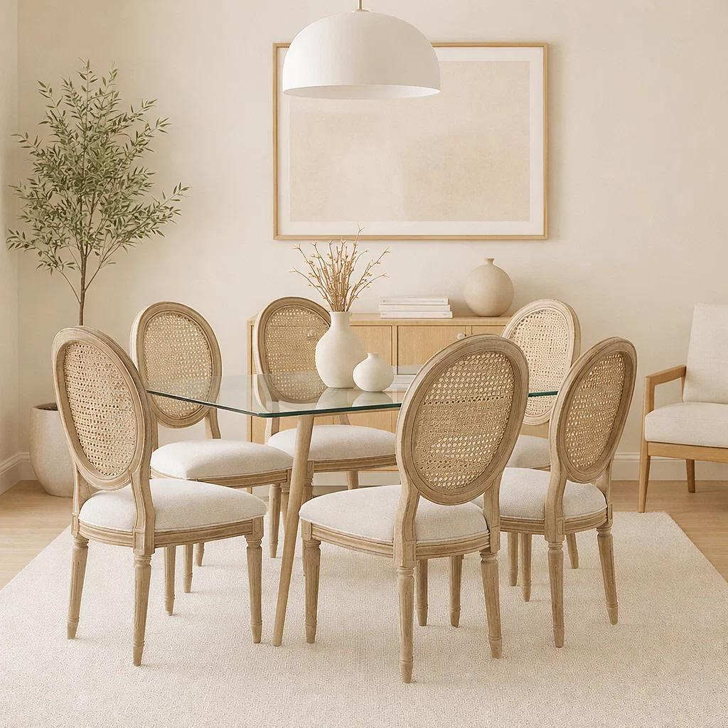 COMEDOR MESA DE VIDRIO RECTANGULAR NORDICA 140X90 CM + 6 SILLA DE MADERA ACOLCHADA LUIS XV - 3