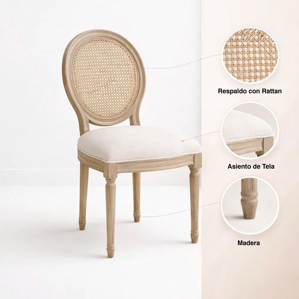 COMEDOR MESA DE VIDRIO RECTANGULAR NORDICA 140X90 CM + 6 SILLA DE MADERA ACOLCHADA LUIS XV - 6