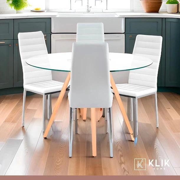 COMEDOR MESA EAMES 100CM REDONDA VIDRIO + 4 SILLAS DINING LIANA ACOLCHADAS - BLANCAS - 2