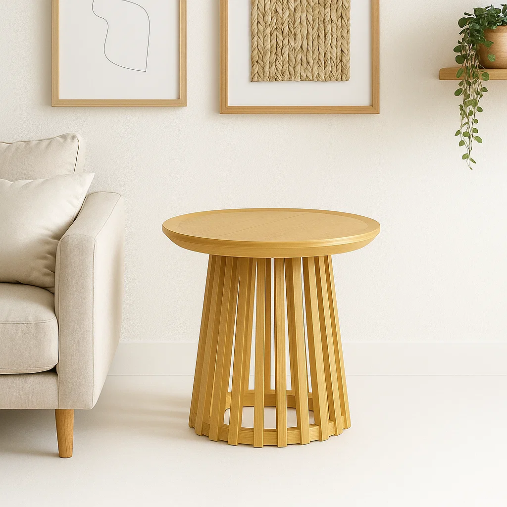 MESA REDONDA DE 50 CM MADERA NATURAL CON BASE ESTILO REJILLA - EN COLOR CAFE - 2