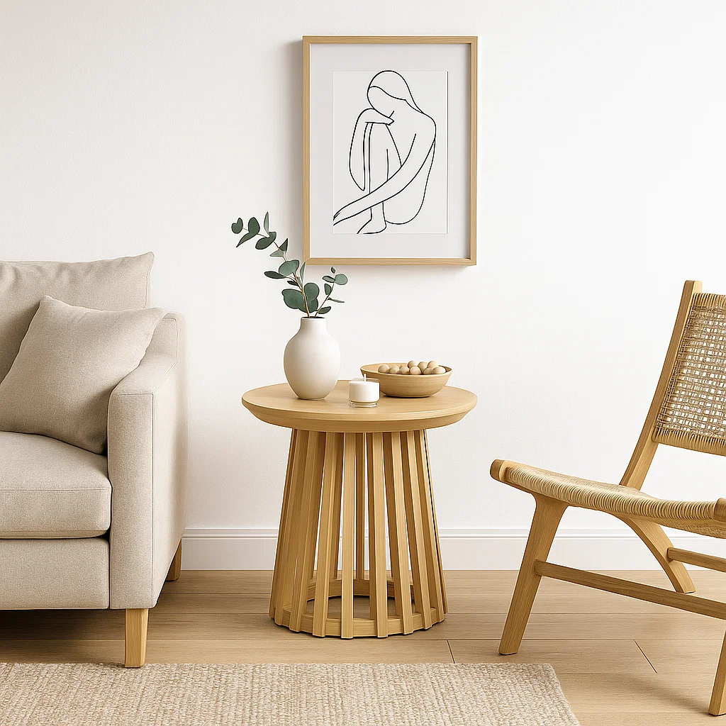 MESA REDONDA DE 50 CM MADERA NATURAL CON BASE ESTILO REJILLA - EN COLOR CAFE - 3