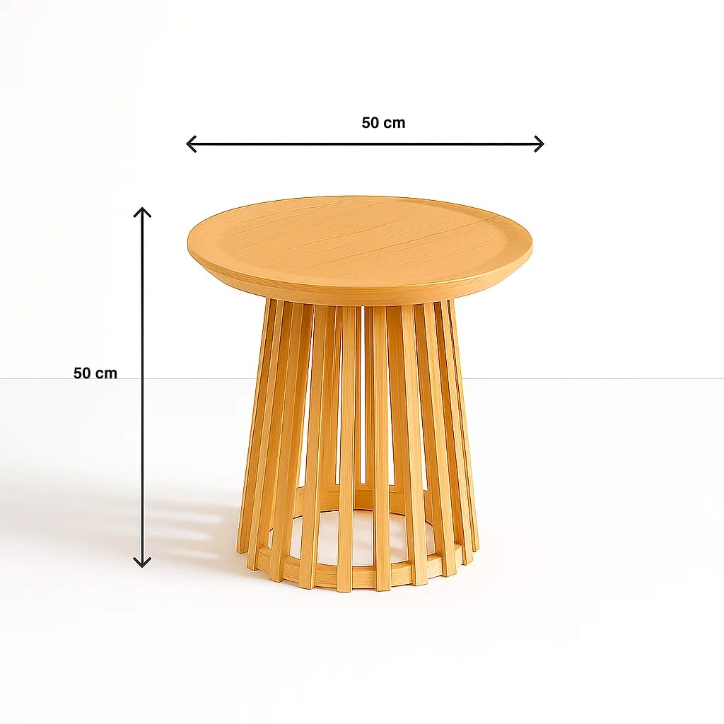 MESA REDONDA DE 50 CM MADERA NATURAL CON BASE ESTILO REJILLA - EN COLOR CAFE - 4