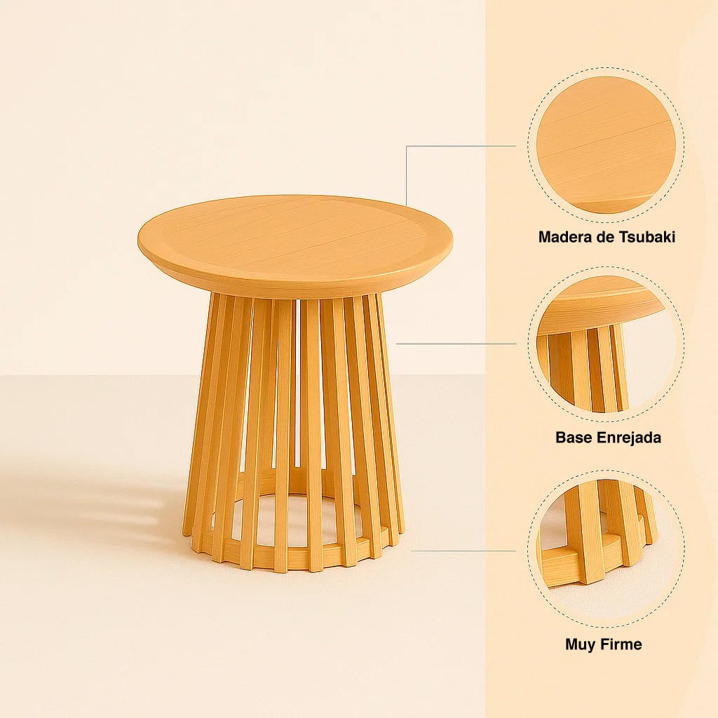 MESA REDONDA DE 50 CM MADERA NATURAL CON BASE ESTILO REJILLA - EN COLOR CAFE - 5