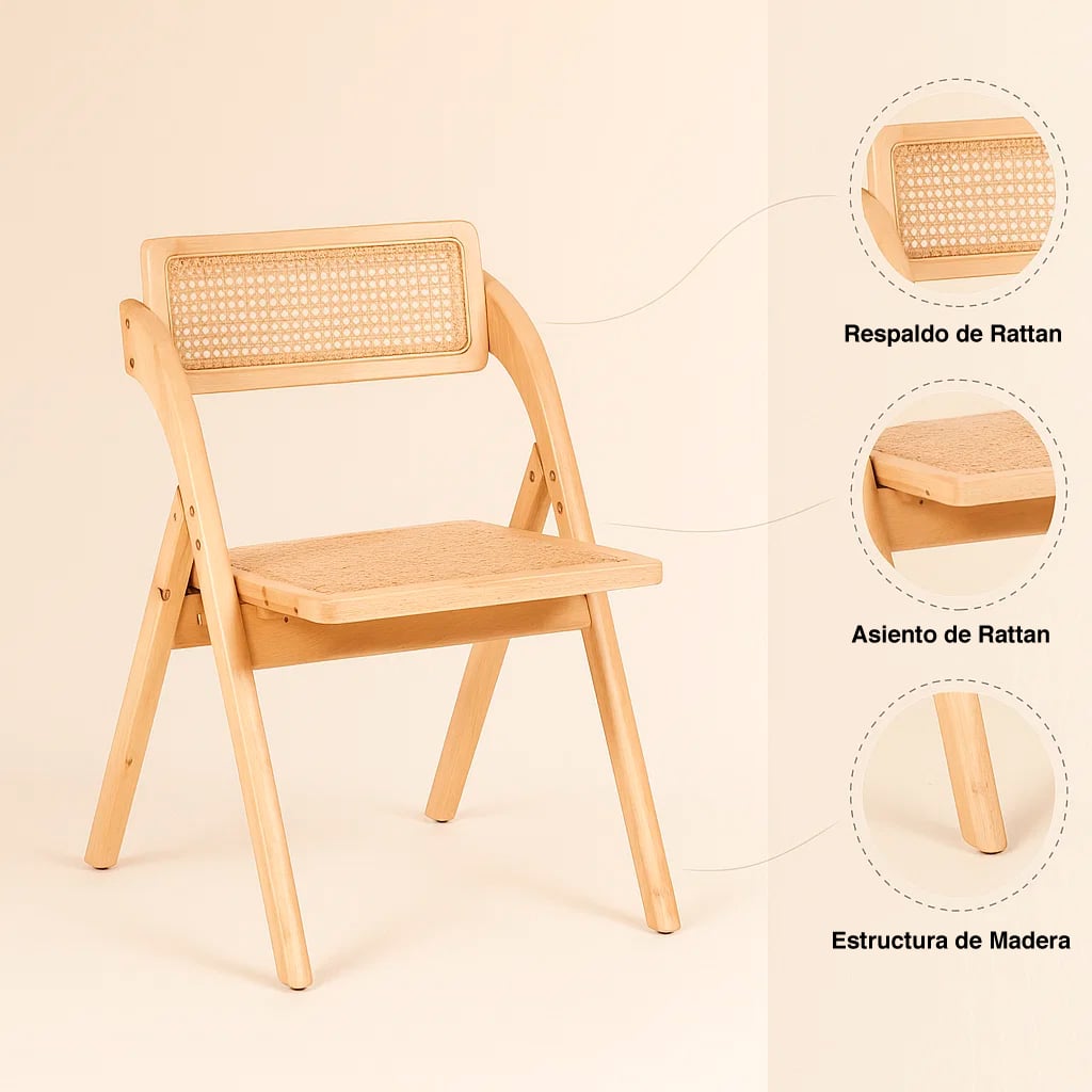 SILLA AMBAR PLEGABLE DE MADERA RATTAN NATURAL - 5