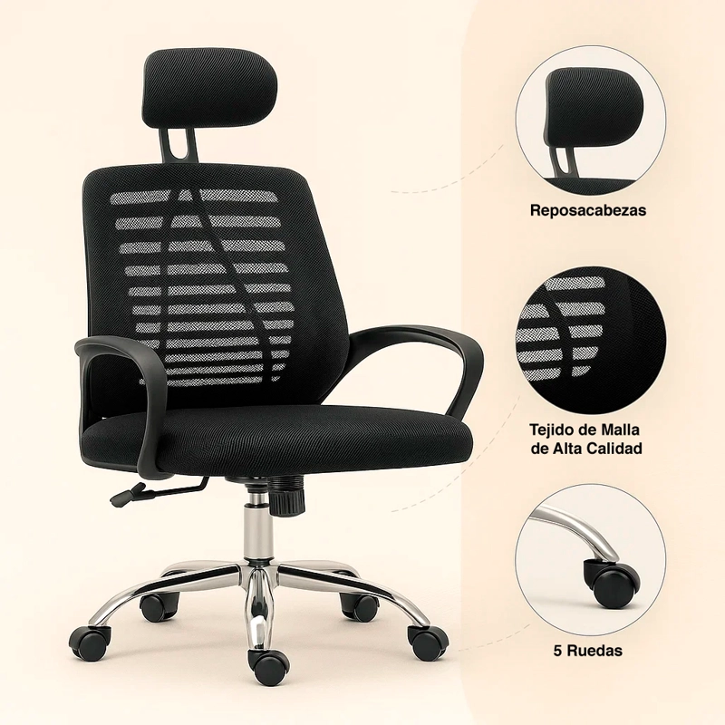 SILLA DE OFICINA ERGOS ERGONÓMICA CON CABEZA - EN COLOR NEGRO - 9