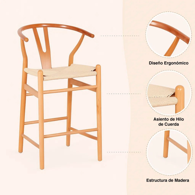 PACK DE 2 TABURETES WISHBONE MADERA Y HILO DE CUERDA - NATURAL - 5