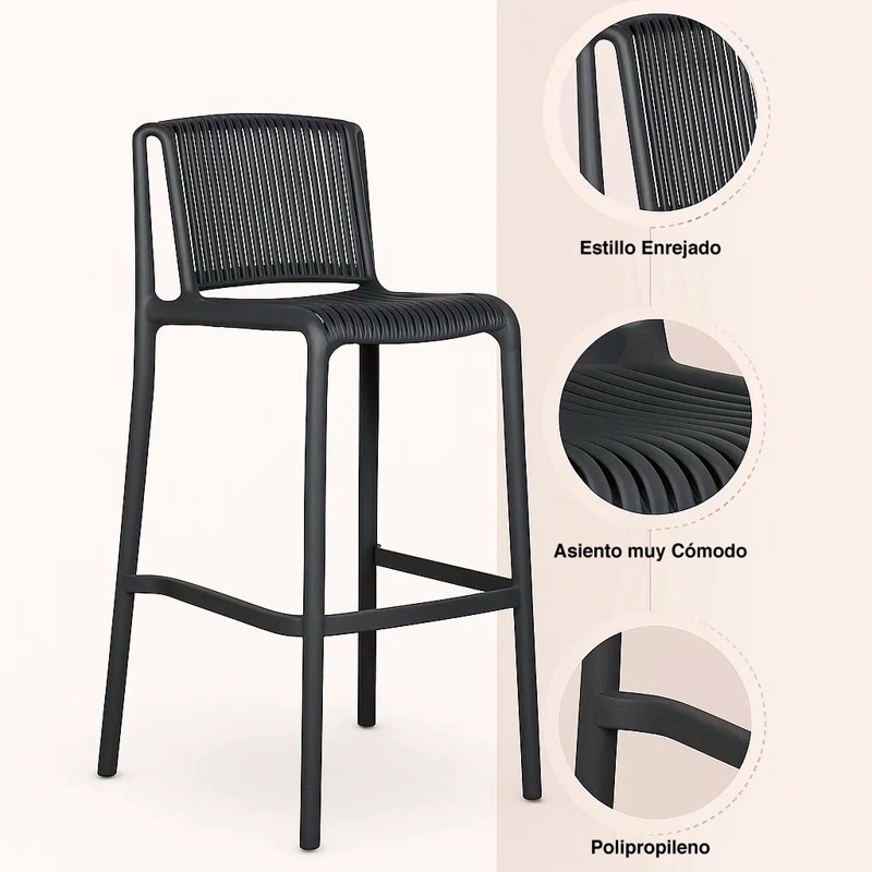 PACK DE 4 TABURETES ALTOS CAPRI POLIPROPILENO - NEGRO - 5