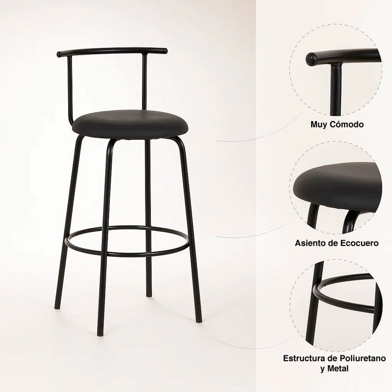 PACK DE 2 TABURETES ALTOS OSLO METAL Y CUERO SINTE TICO - NEGRO - 5