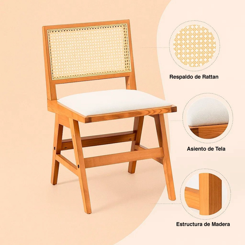 SILLA AURA DE RATTAN CON ASIENTO DE TELA - NATURAL BEIGE - 5