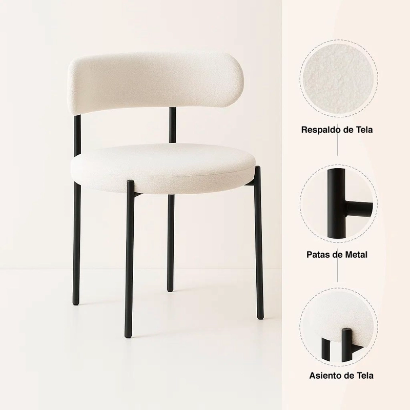 SILLA TEDDY DE TELA CON PATAS METALICAS NEGRAS - CREMA - 5