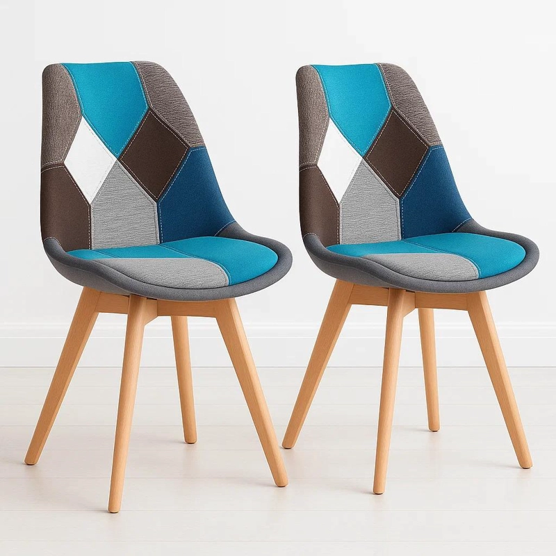 PACK DE 2 SILLAS TULIP PATCHOWORK ACOLCHADA TELA WOOD - CELESTE - 1